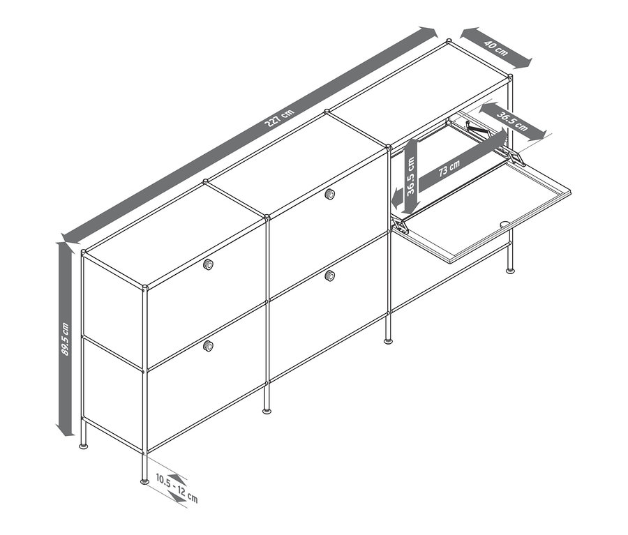 Schéma d'un buffet bas « CN3 » avec 6 abattants. Les dimensions sont indiquées en centimètres.