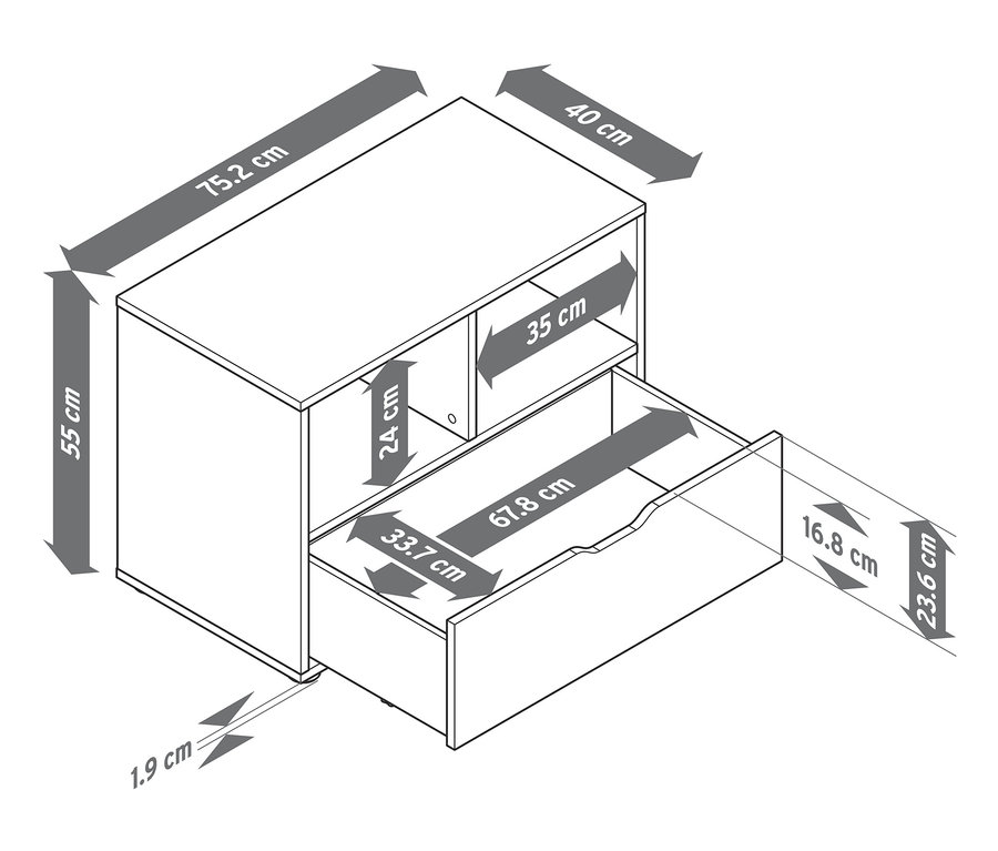 Dessin d'un buffet avec tiroir, avec les dimensions indiquées.