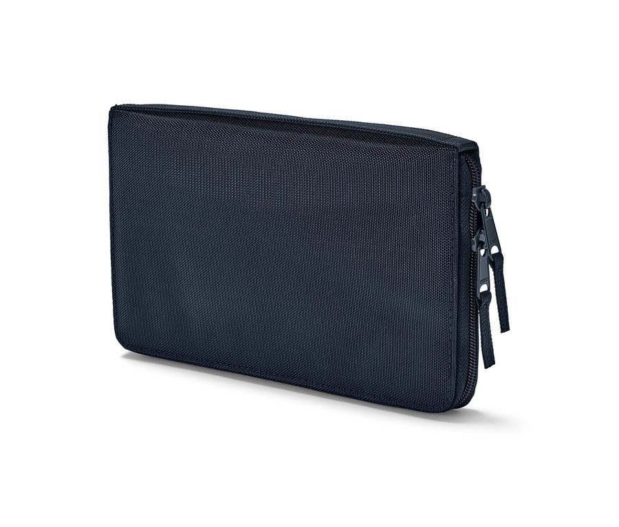 Un porte-documents bleu marine avec deux fermetures éclair.