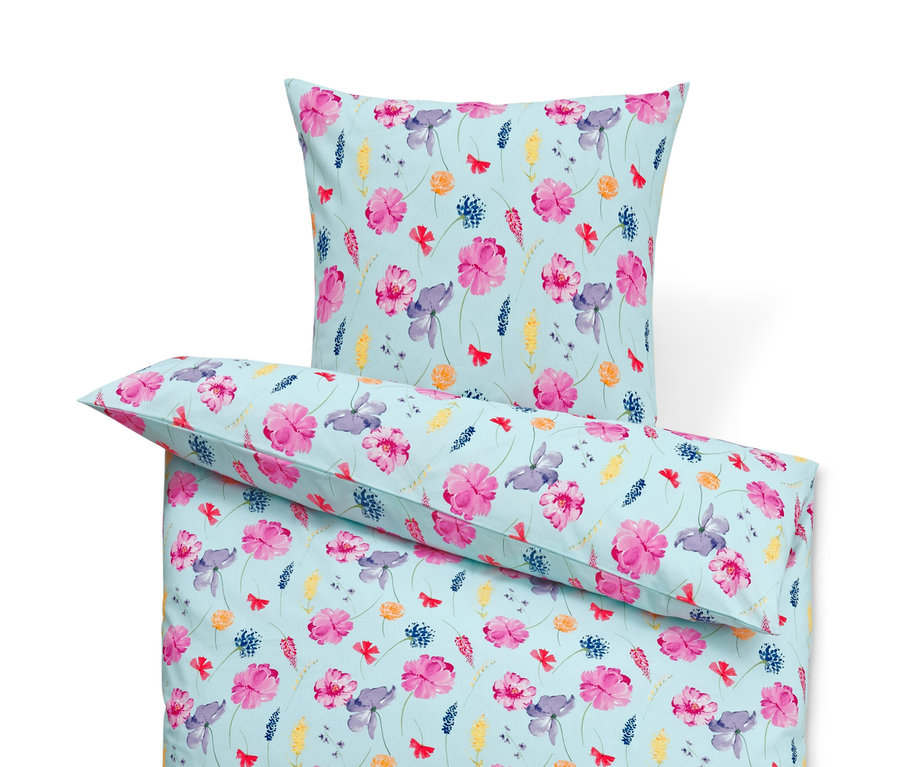 Parure de lit en coton bleu à fleurs, tailles standard, double et king size.