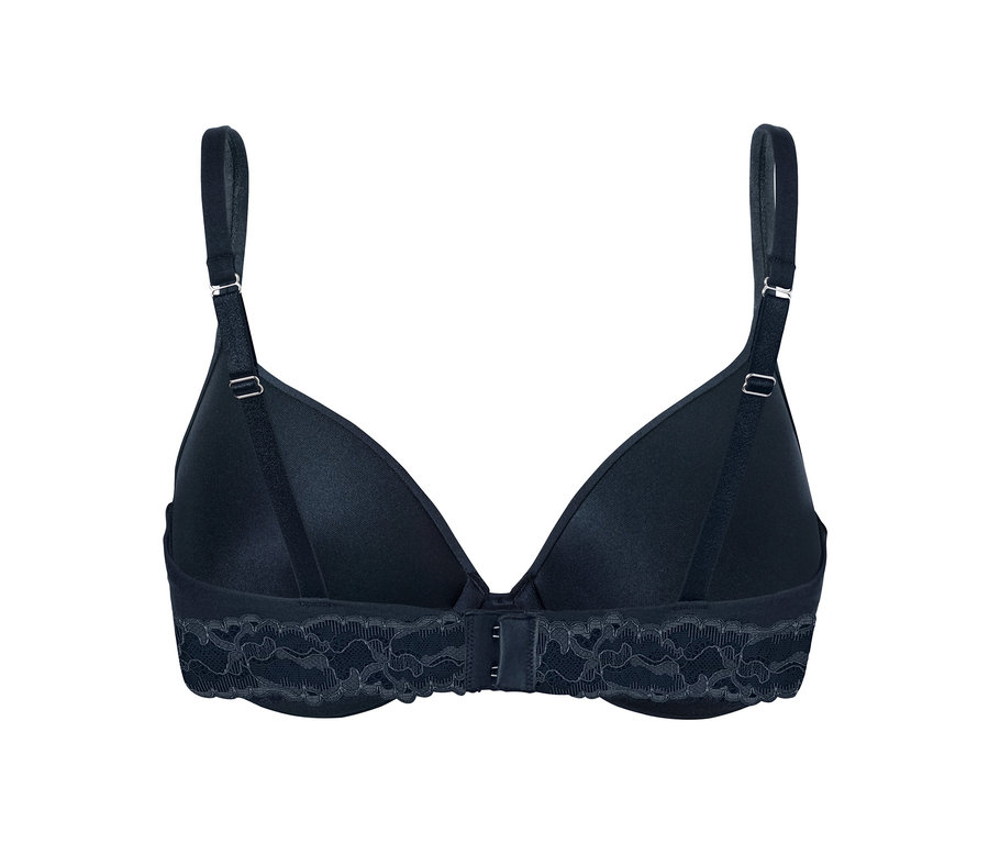 Vue détaillée de l'arrière d'un soutien-gorge invisible noir avec une bordure en dentelle.