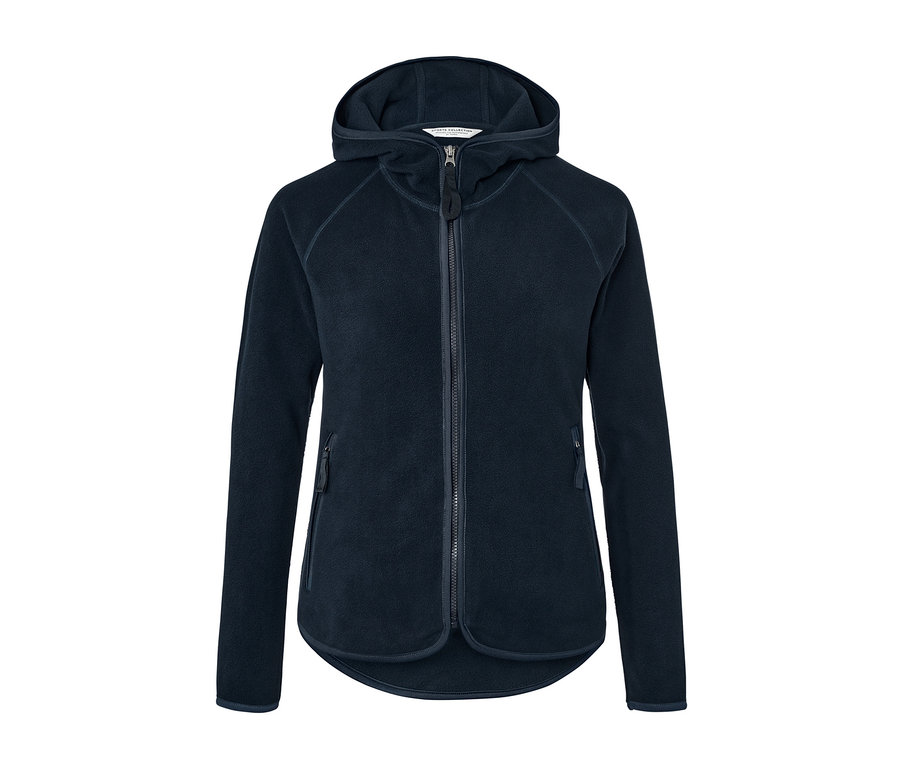 Veste en polaire à capuche bleu foncé avec fermeture éclair au centre.