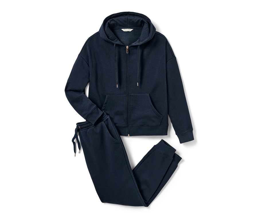 Survêtement d’intérieur bleu marine avec capuche zippée et pantalon de jogging assorti.