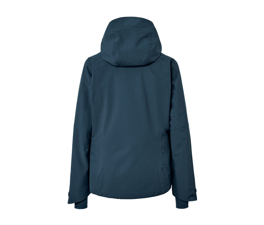 Vue arrière d'une veste de ski bleu marine à capuche.