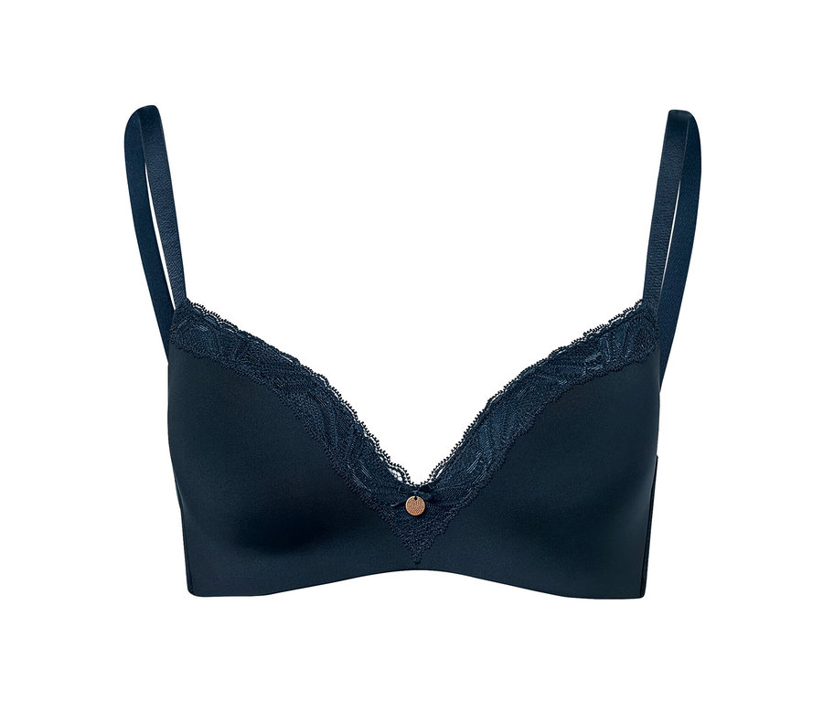 Soutien-gorge à coques souples bleu foncé avec dentelle.