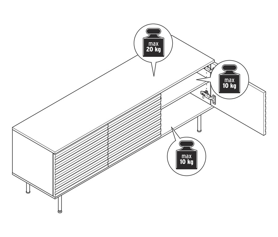Meuble TV »Finnsbo« avec un aspect à lamelles, une porte ouverte et une capacité de charge maximale de 20 kg sur le dessus et de 10 kg à l'intérieur.