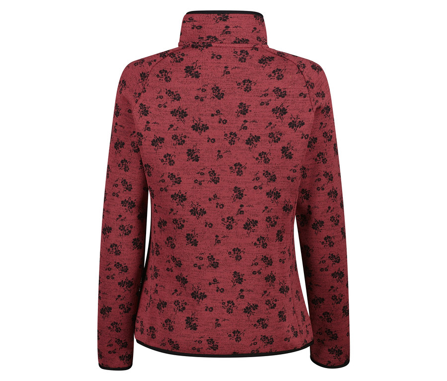 Une veste polaire rouge avec un motif floral noir, vue de dos.