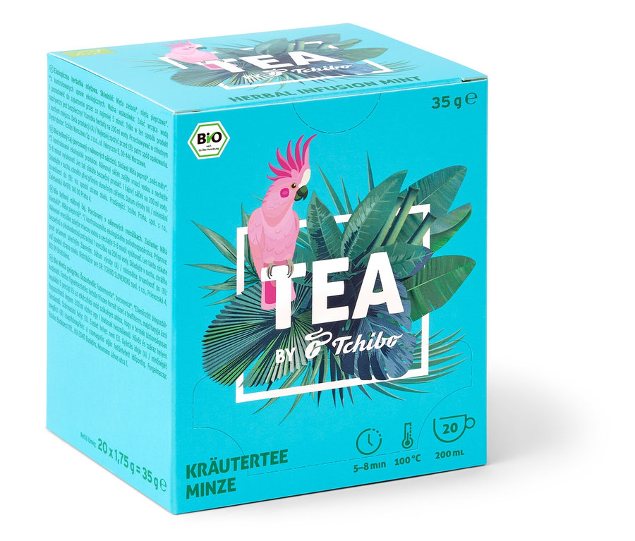 Paquet de BIO TEA by Tchibo Menthe avec un cacatoès et des feuilles tropicales.