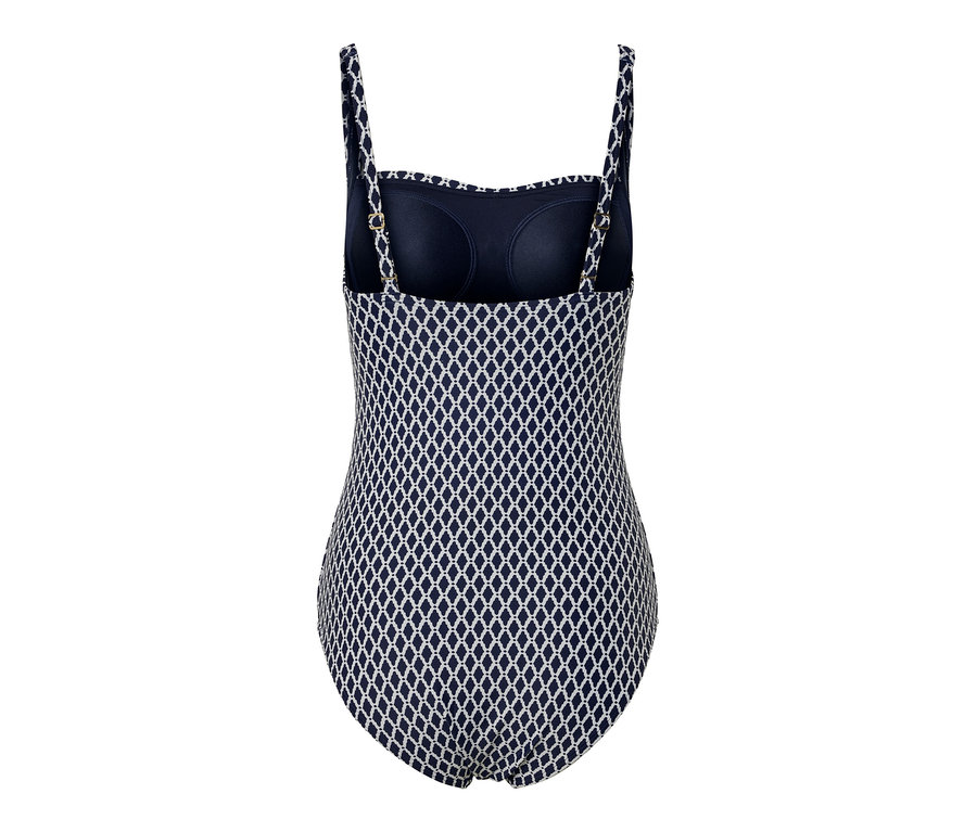 Vue détaillée de dos d'un maillot de bain modelant bleu foncé et blanc.