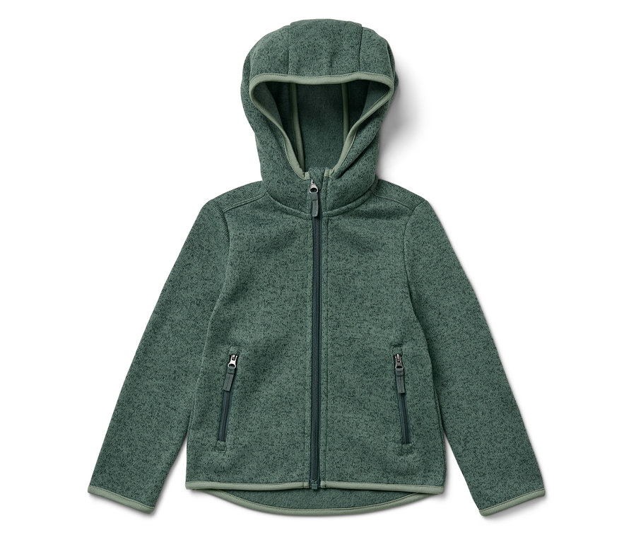 Veste polaire verte avec capuche et fermeture éclair au milieu.