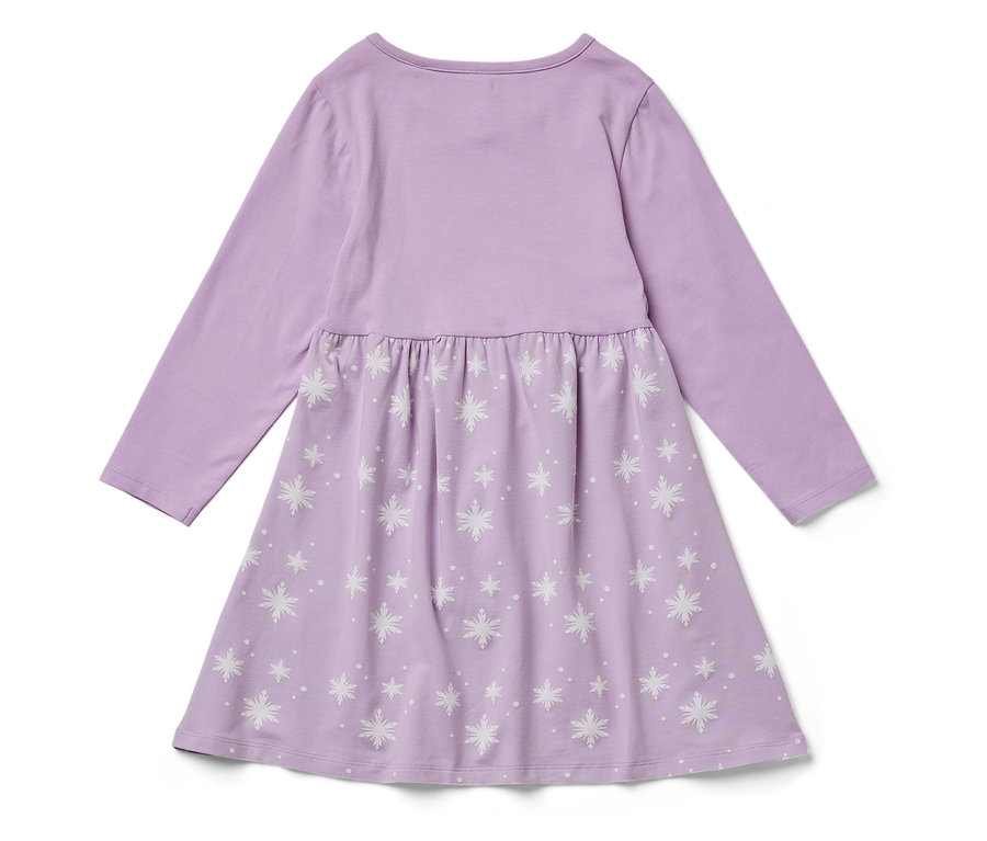 Robe violette à manches longues avec motif de flocons de neige blancs.