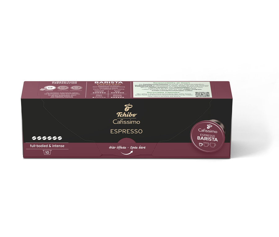 Un paquet de 10 capsules de Cafissimo BARISTA Espresso. L'emballage est marron foncé avec une partie centrale noire et l'inscription Cafissimo ESPRESSO.