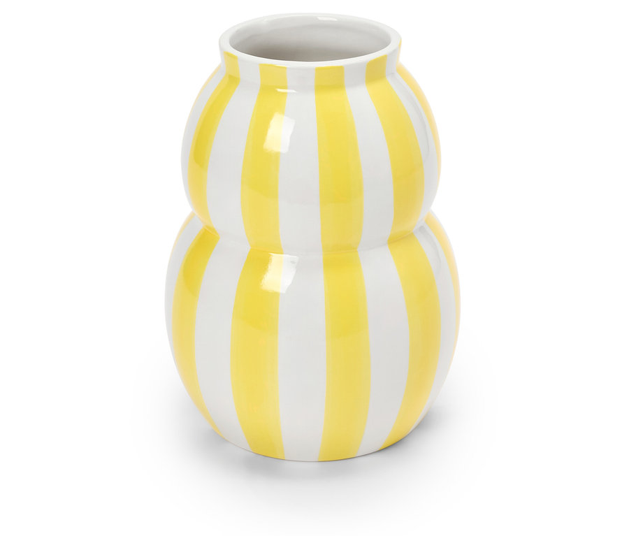 Vase en céramique à rayures jaunes et blanches.