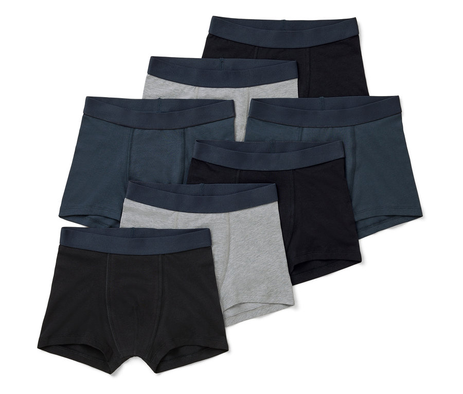 Six boxers pour hommes en noir, gris et bleu avec une ceinture bleu foncé.