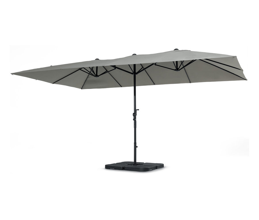 Un double parasol Leco gris clair se dresse sur une base noire.