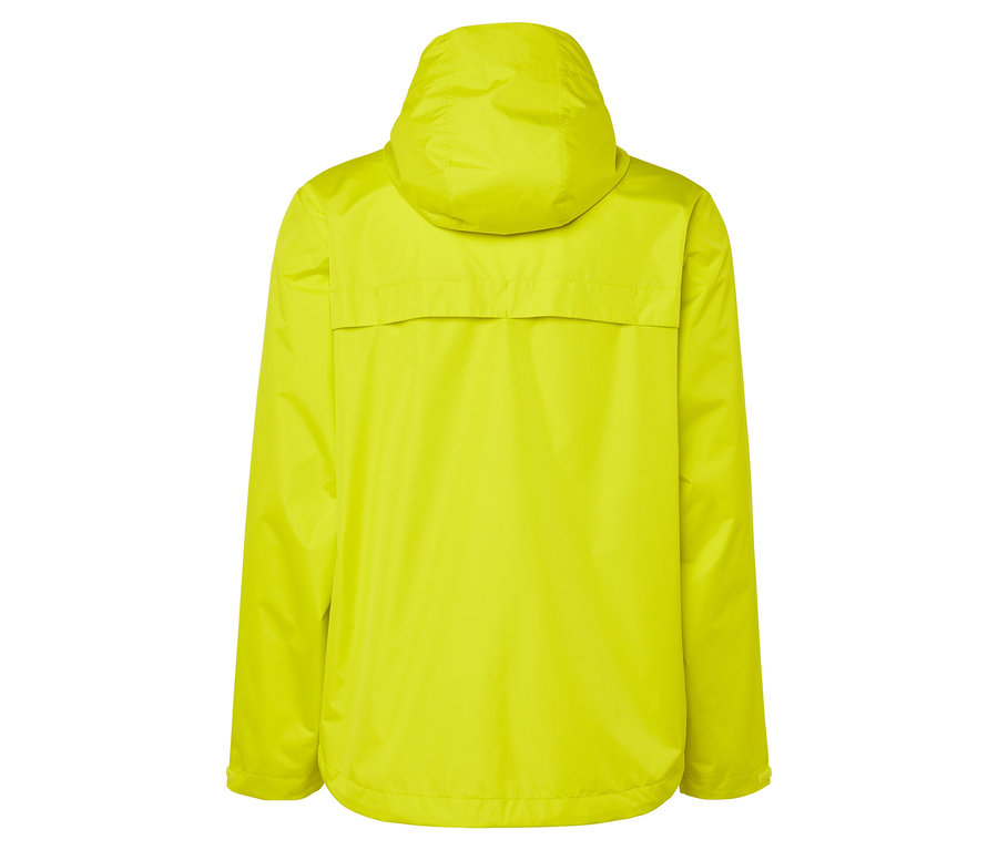 Vue arrière d'une veste jaune à capuche.