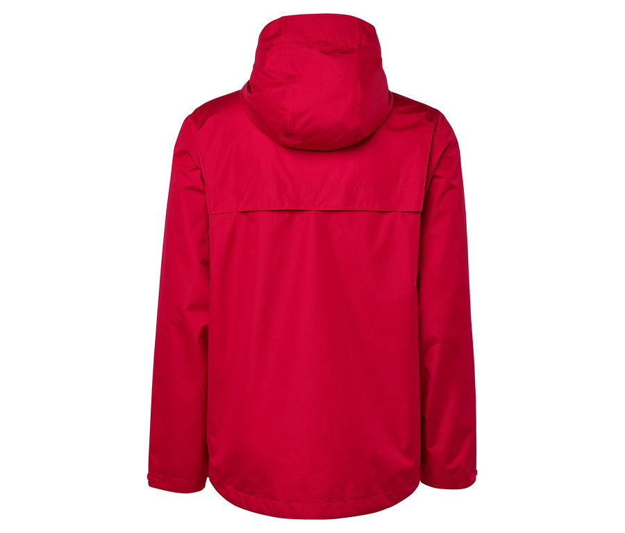 Vue arrière d'une veste rouge à capuche.