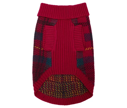 Un pull rouge pour chien à carreaux.
