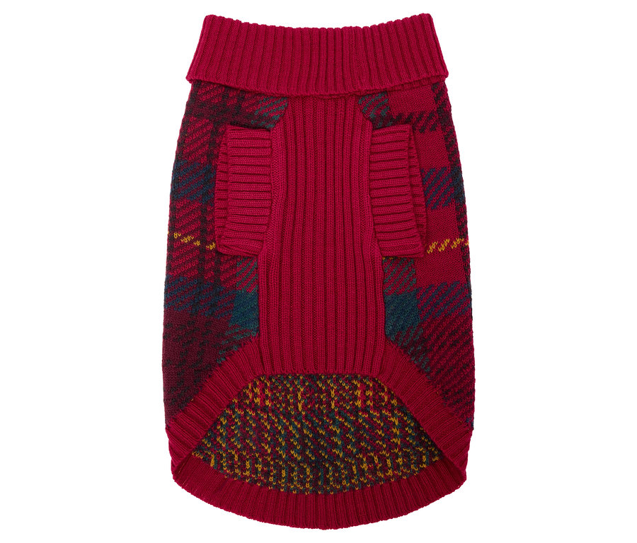 Un pull rouge pour chien à carreaux.