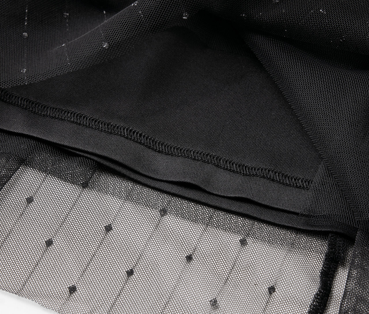 Gros plan d'un vêtement en tulle noir avec un motif à pois et une doublure intérieure.