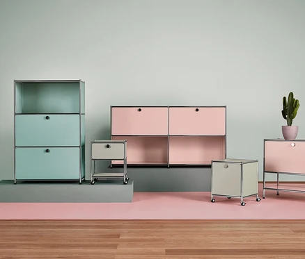 Divers meubles USM Haller dans des tons pastel avec un cactus en pot.