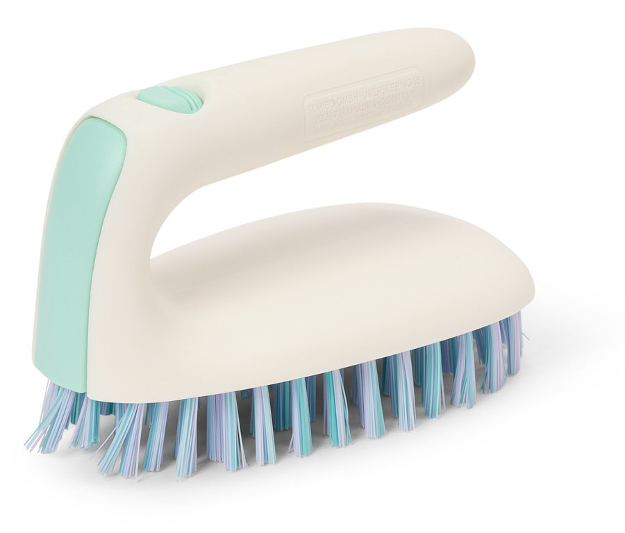 Une brosse à récurer avec un manche blanc et des poils bleu-vert.