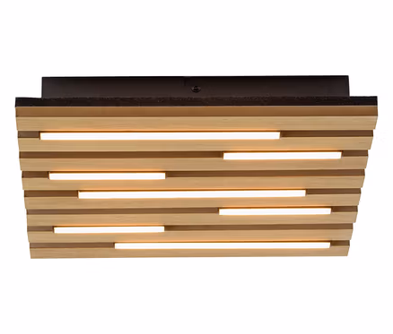 Plafonnier acoustique carré Just Light avec une base sombre et des lattes de bois horizontales, entre lesquelles des bandes lumineuses éclairées sont visibles.