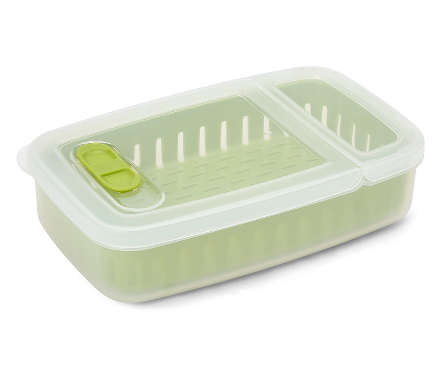Récipient rectangulaire vert avec couvercle transparent et fermeture verte.