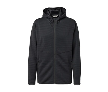Veste fonctionnelle anthracite avec fermeture éclair et capuche.