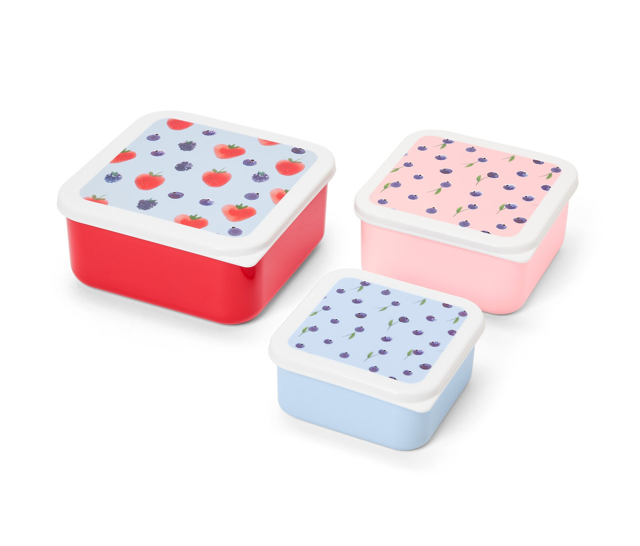 Trois boîtes à collation de différentes tailles en rouge, rose et bleu avec des motifs de fruits.