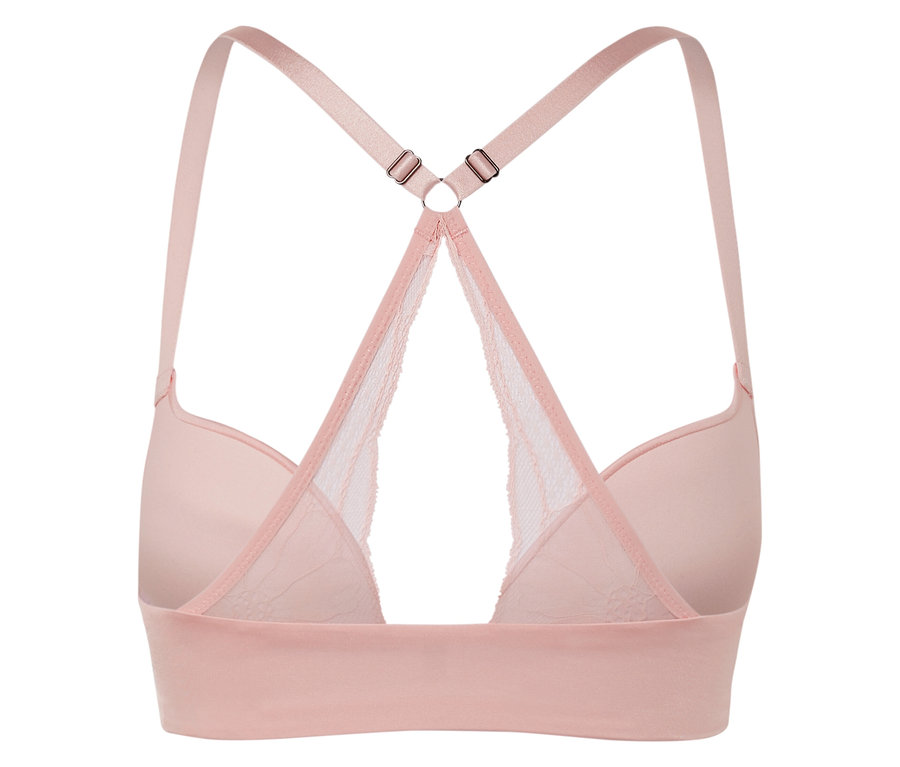 Vue arrière d'un soutien-gorge rose avec détails en dentelle et bretelles croisées.