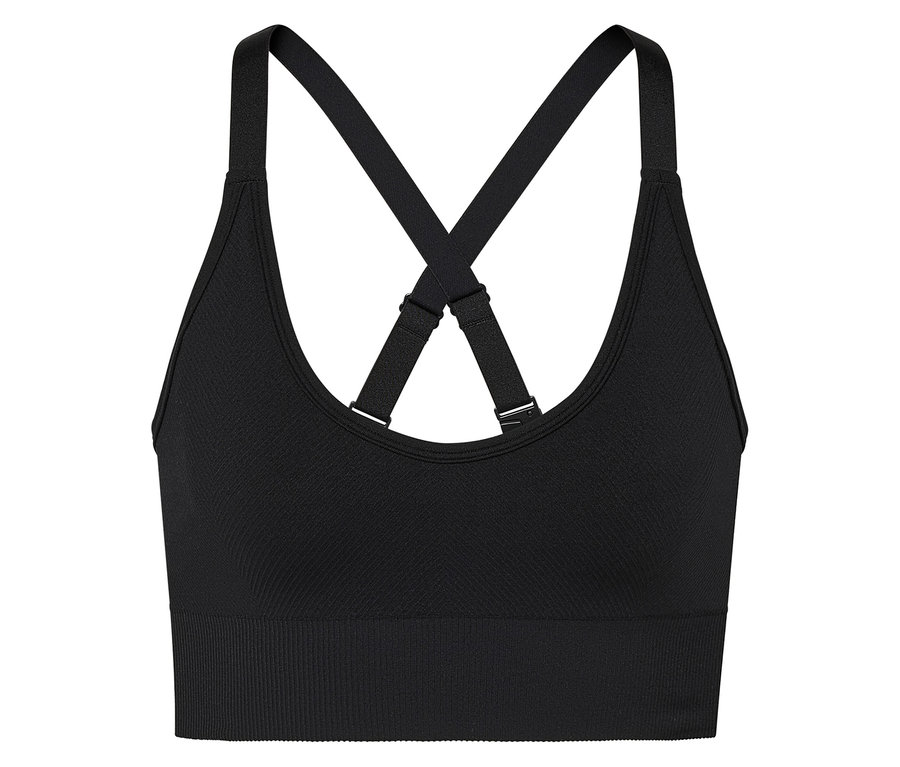 Soutien-gorge de sport noir avec bretelles croisées dans le dos.