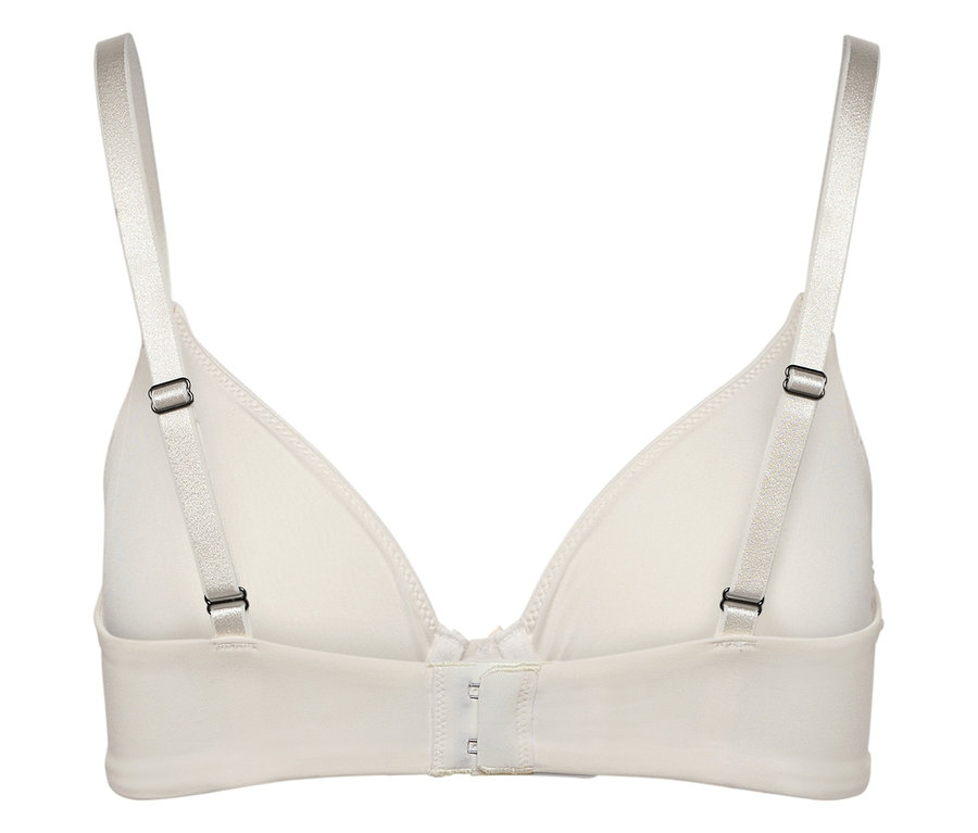 Vue arrière d'un soutien-gorge beige avec bretelles réglables et fermeture à agrafes.