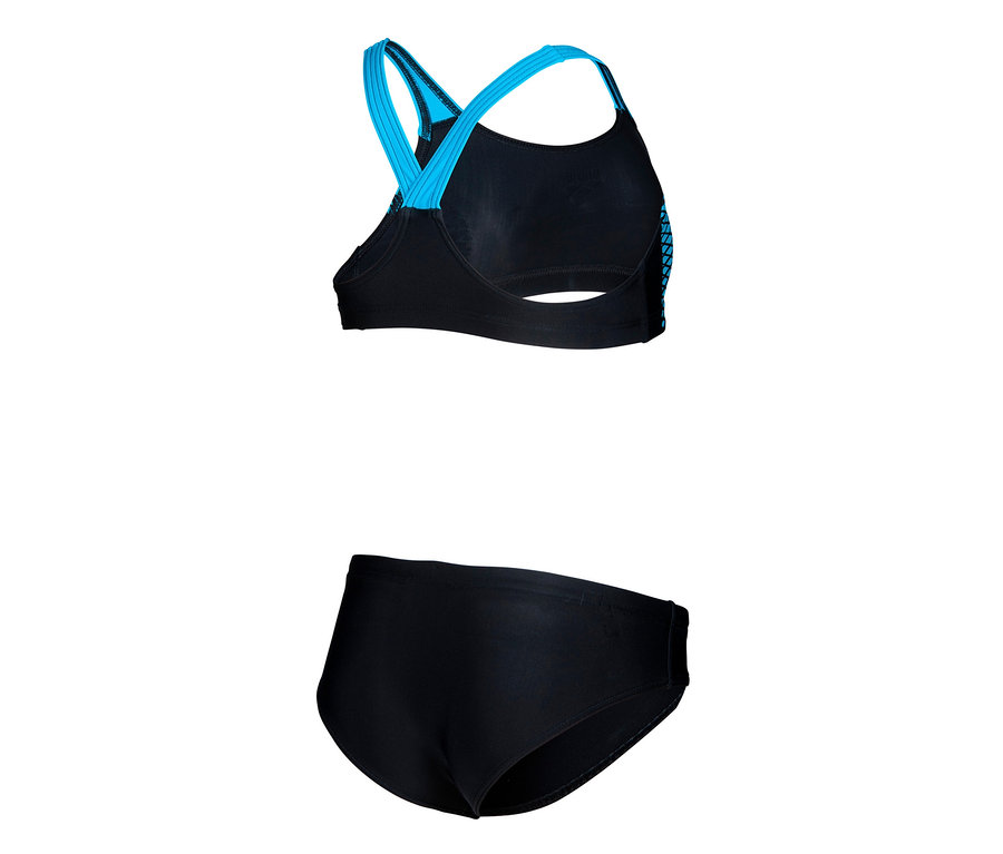 Bikini noir arena Feel Openings Energy Back pour enfant avec bretelles bleues.