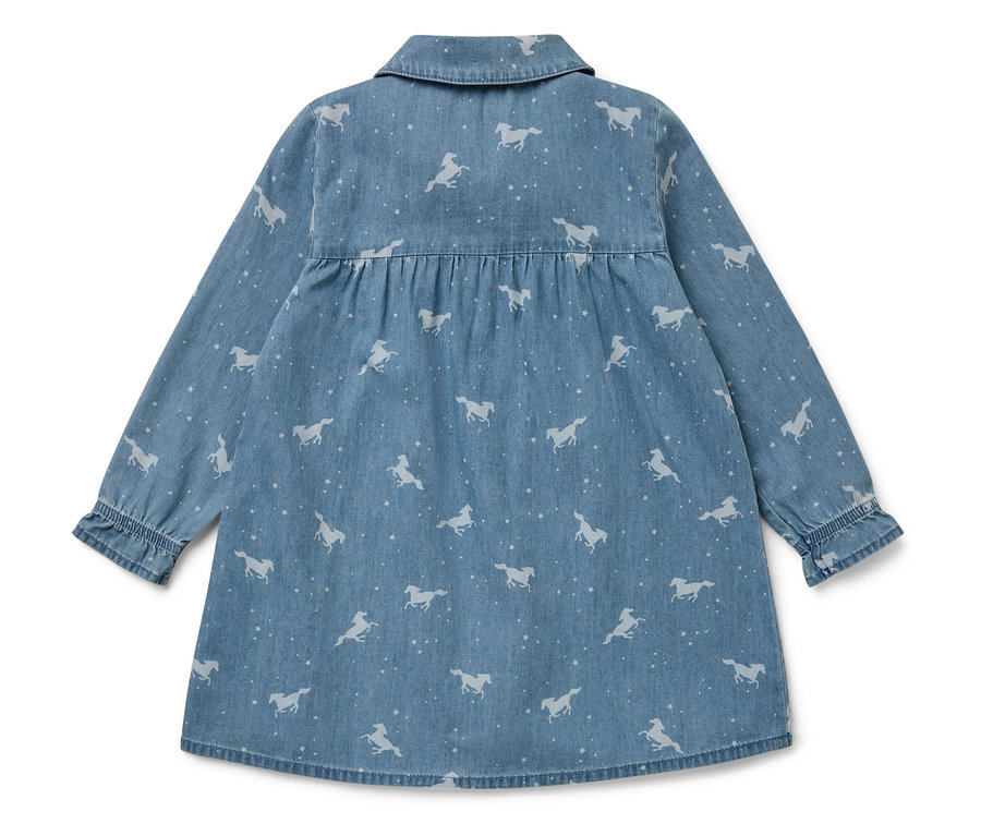 Robe bleue à imprimé cheval et manches longues.