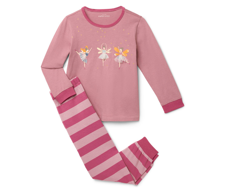 Pyjama rose à manches longues et pantalon rayé. Trois ballerines sont imprimées sur le t-shirt.
