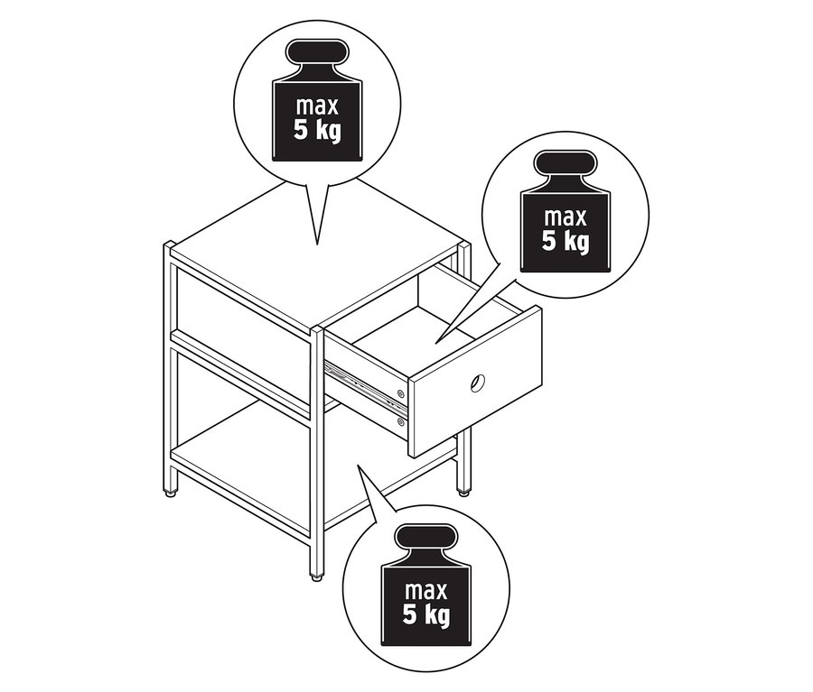 Schéma d'une table de chevet «KLAAR» avec tiroir et une capacité de charge maximale de 5 kg.