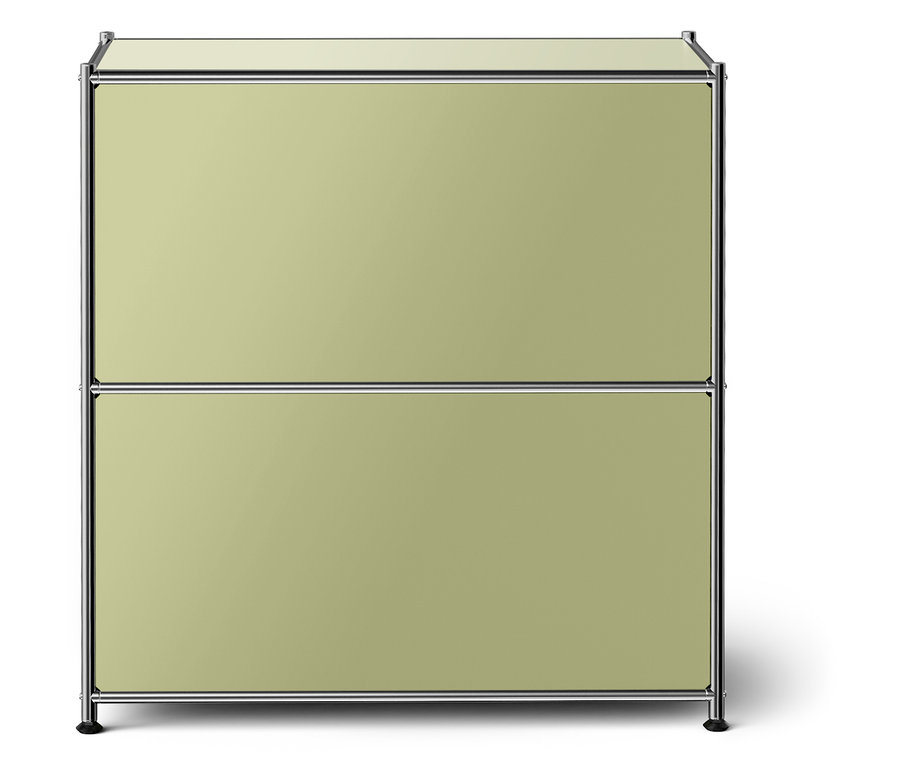 Armoire fermée vert clair avec deux étagères et un cadre argenté.