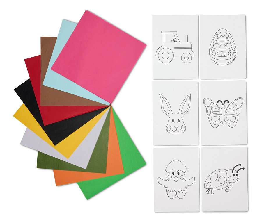 Feutre d'artisanat multicolore à gauche, six motifs de Pâques à colorier à droite.