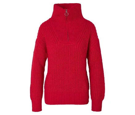 Pull rouge en tricot avec col roulé et courte fermeture éclair.