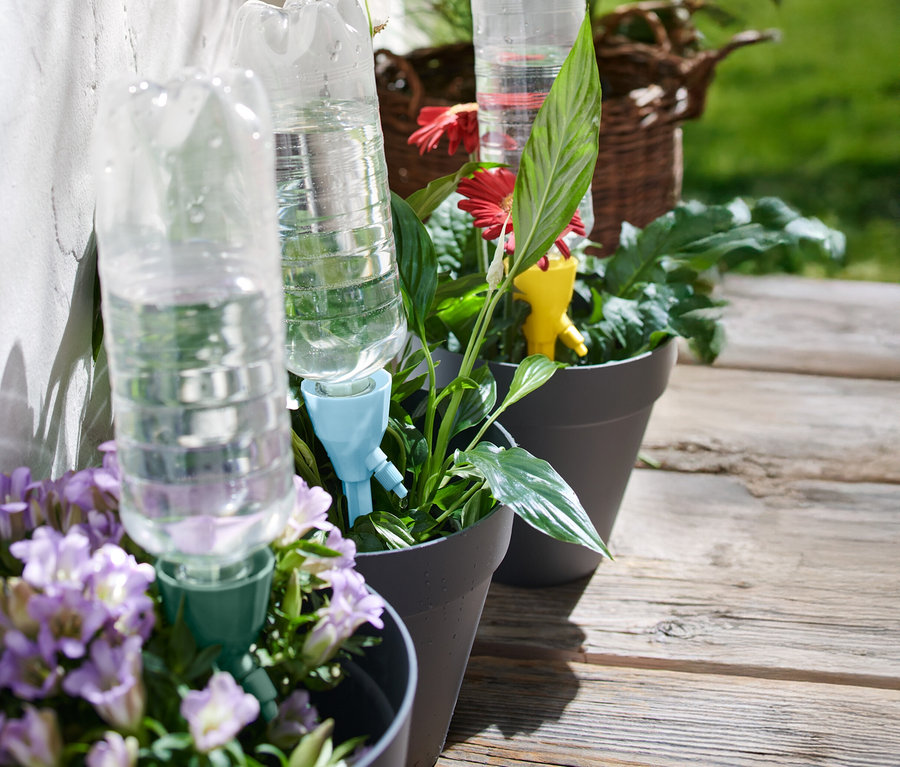 Trois pots de fleurs gris avec des plantes et des systèmes d'arrosage de bouteilles d'eau sont posés sur une terrasse en bois.