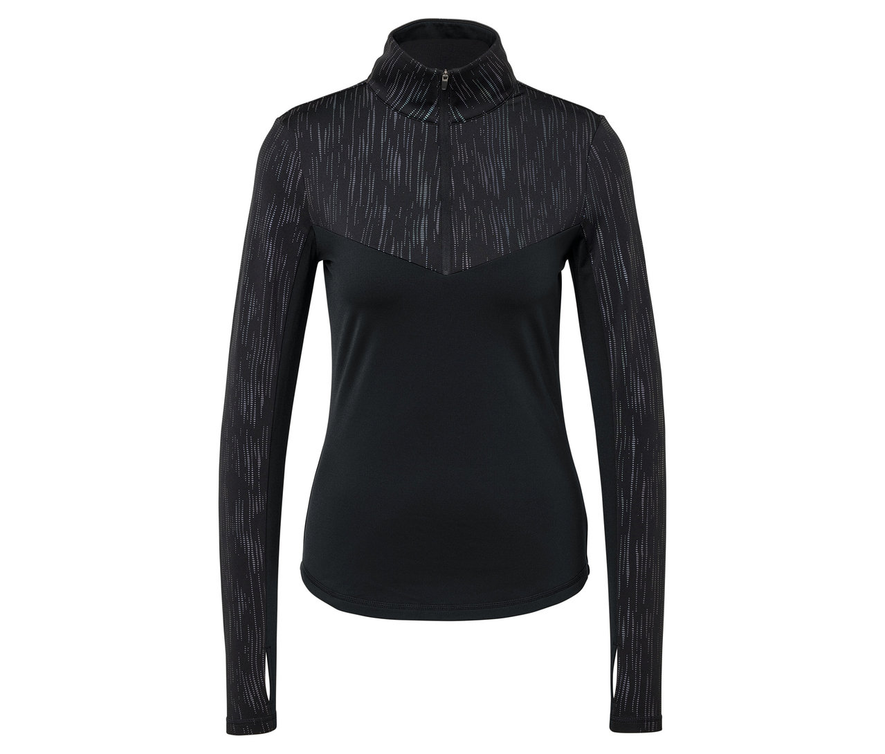 T-shirt noir à manches longues avec détails texturés aux épaules et sur le haut.