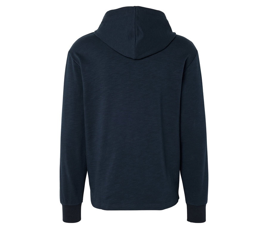 Vue arrière d'un sweat à capuche bleu marine à manches longues.