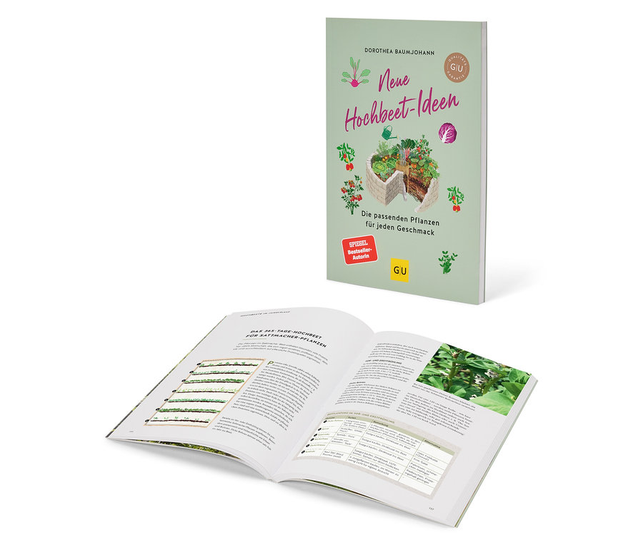 Un livre ouvert est posé devant un livre debout intitulé « Neue Hochbeet-Ideen ».
