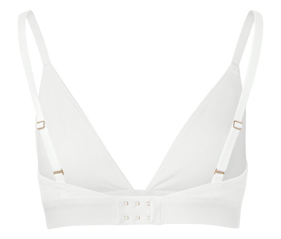 Vue arrière d'un soutien-gorge triangle blanc avec bretelles réglables et fermeture à agrafes.