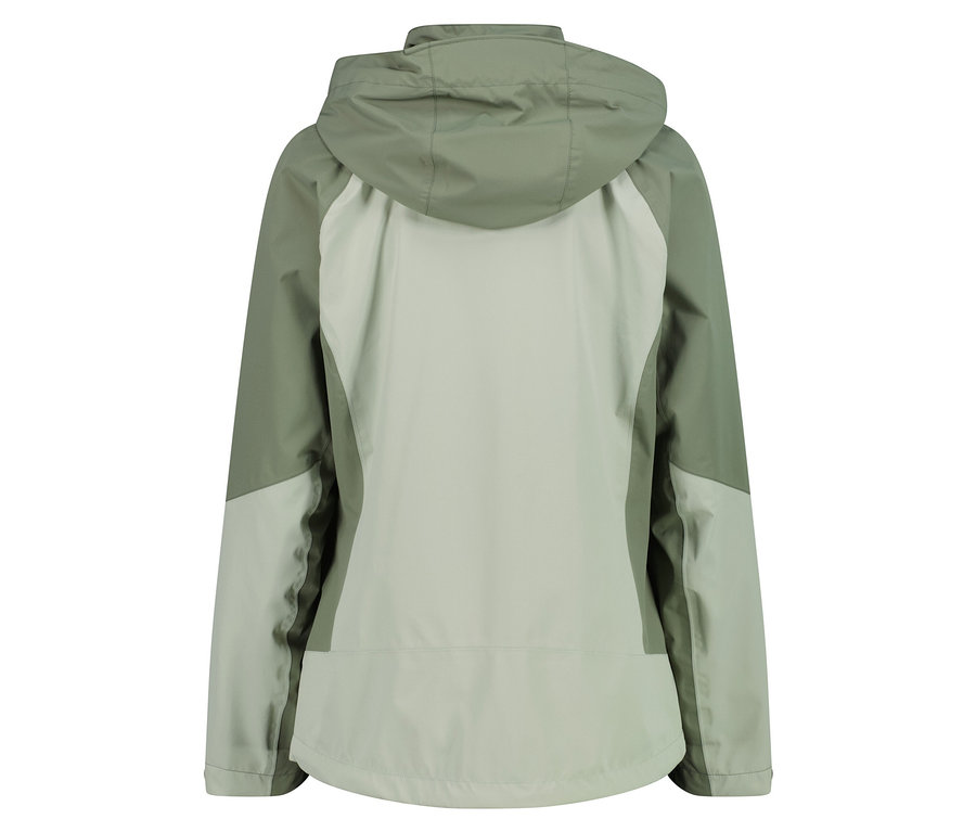 Vue arrière d'une veste vert clair et grise à capuche.