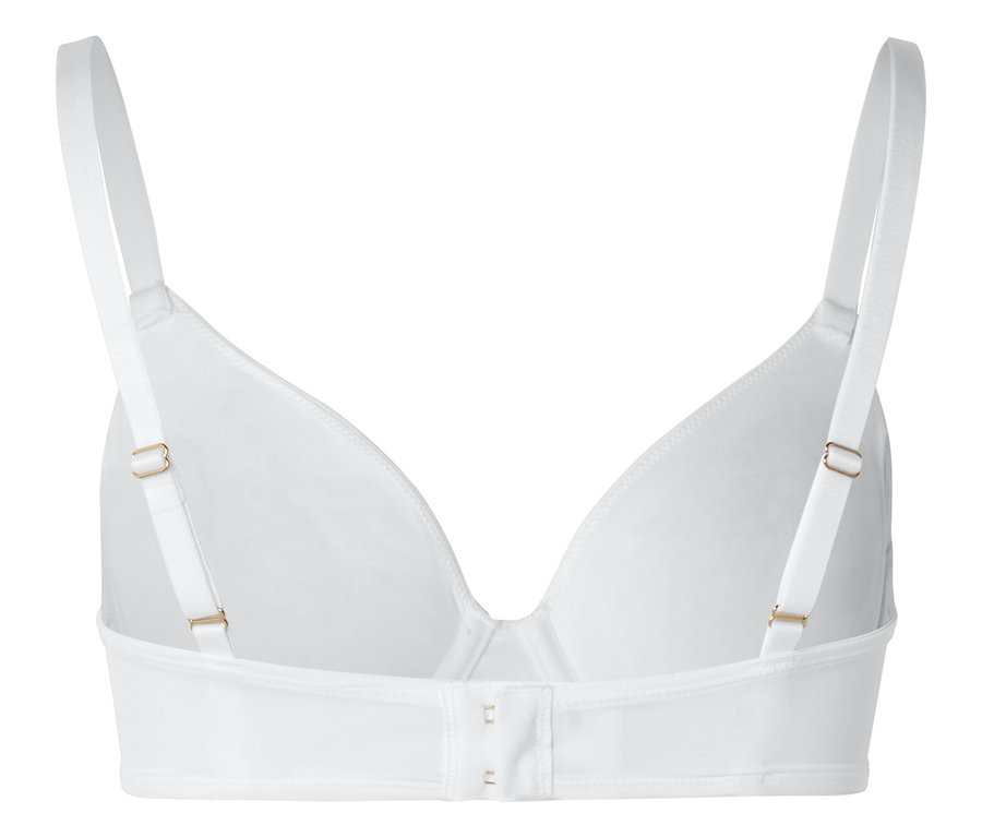Vue arrière d'un soutien-gorge blanc avec bretelles réglables et fermeture à agrafes.