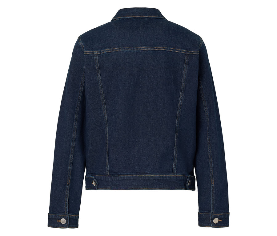 Vue arrière d'une veste en jean bleu foncé avec des boutons.