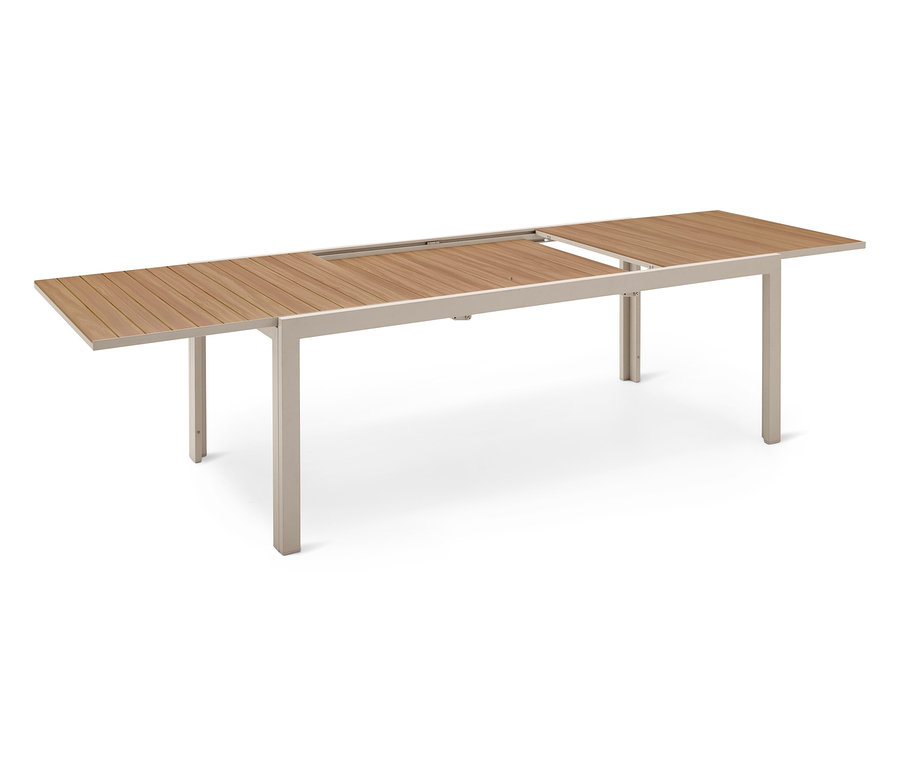 Table de jardin extensible avec des panneaux en bois et un cadre en métal gris.