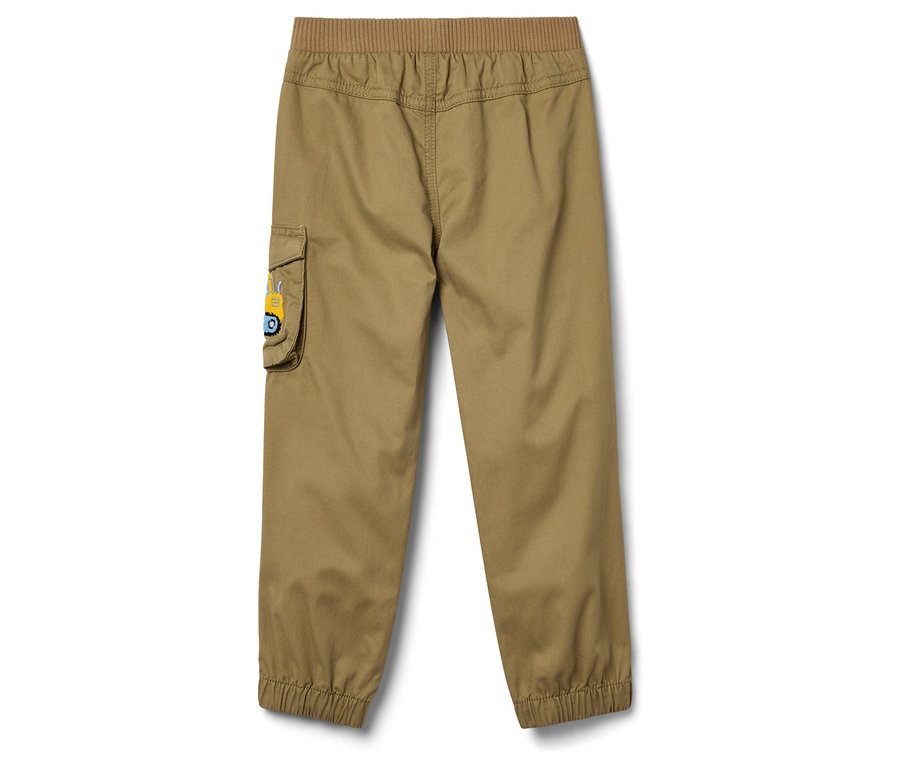Pantalon kaki avec taille élastique et poche plaquée avec application de pelleteuse.
